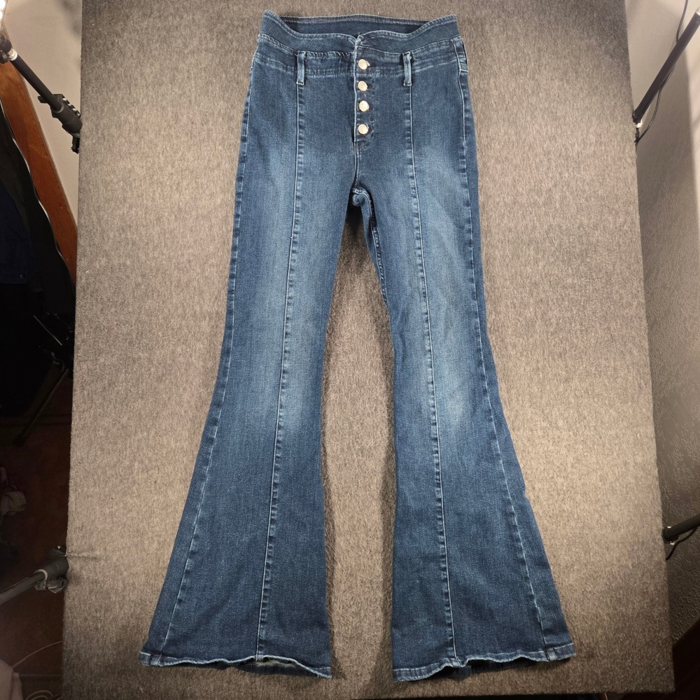 We The Free Flare Jeans Womens 28x32 Blue High Rise Button Fly Stretch Boho